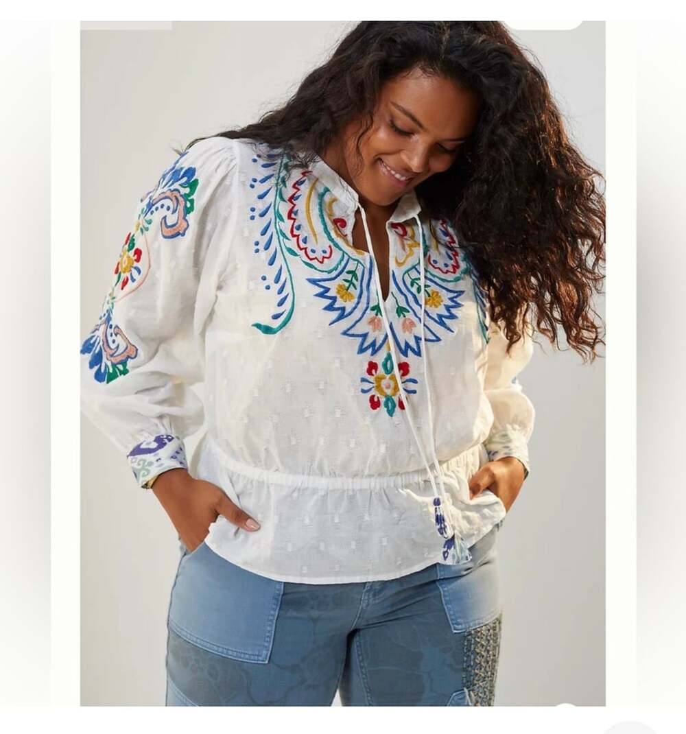 Forever That Girl Embroidered Peplum Blouse Size XL P White Folk Art Top